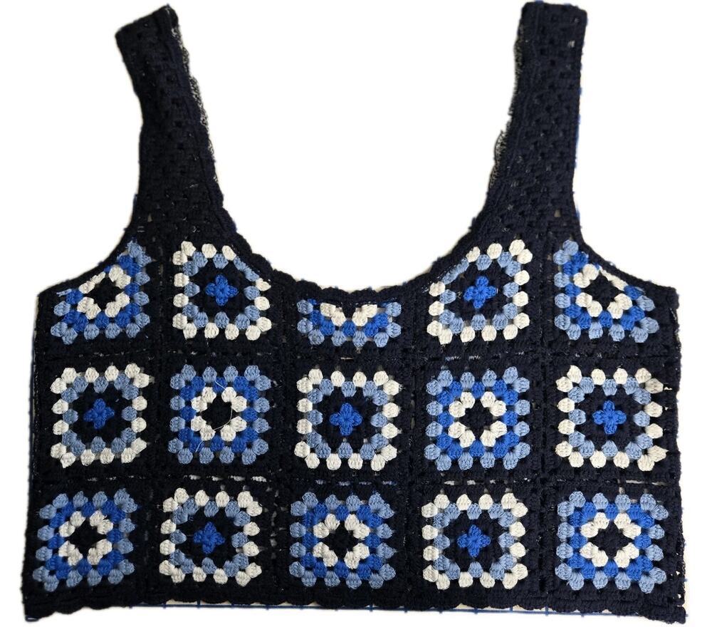 Sincerely Jules Sz L Blue Granny Squares Crochet Cropped Top NWT BOHO HIPPIE